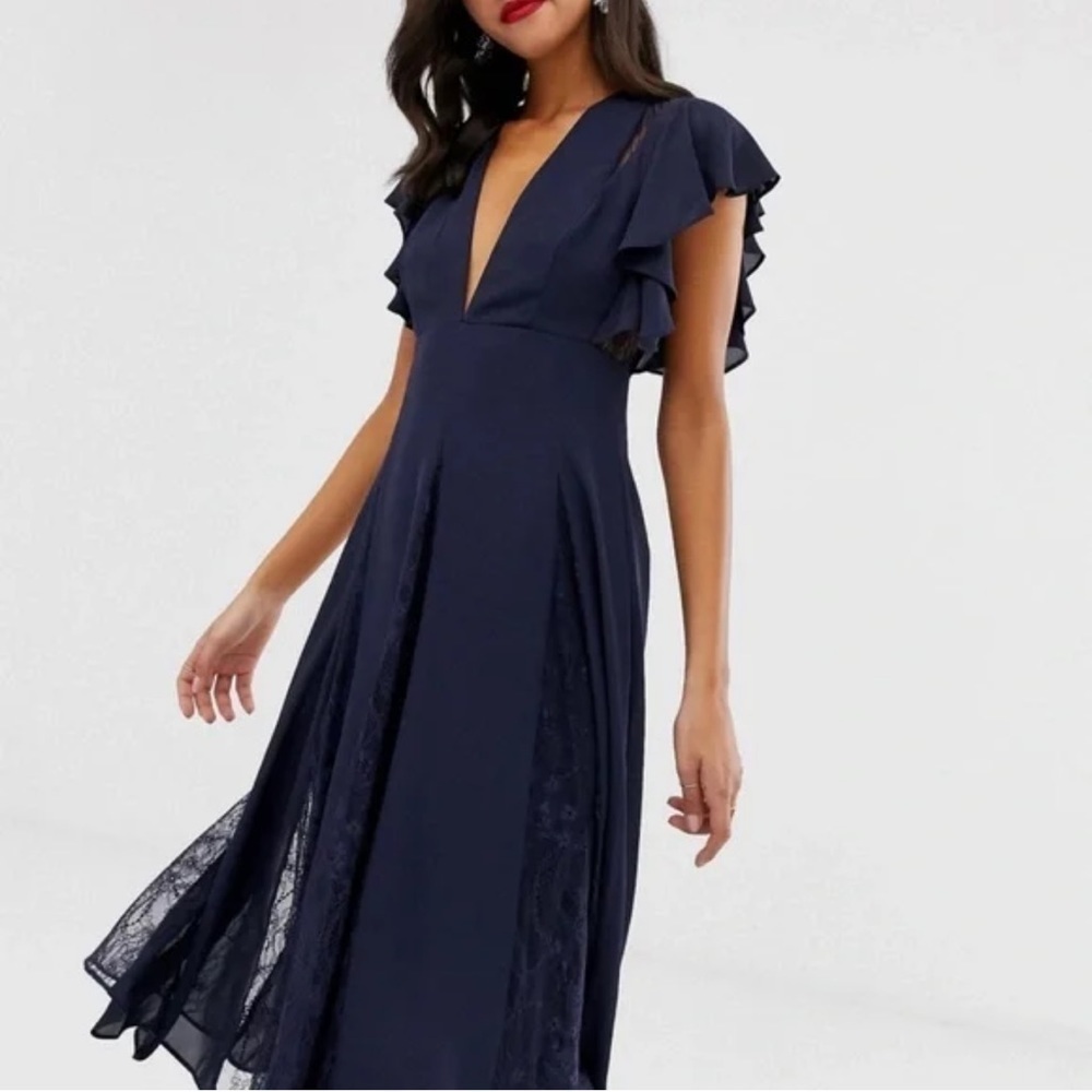 ASOS DESIGN midi dress with lace godet panels
